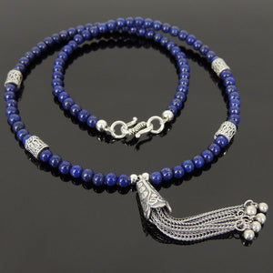 4mm Lapis Lazuli Healing Gemstone Necklace with S925 Sterling Silver Asian Peacock Pendant, Barrel Beads & Clasp - Handmade by Gem & Silver NK108