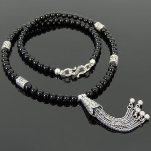 4mm Bright Black Onyx Healing Gemstone Necklace with S925 Sterling Silver Asian Peacock Pendant, Barrel Beads, & S-hook Clasp - Handmade by Gem & Silver NK109