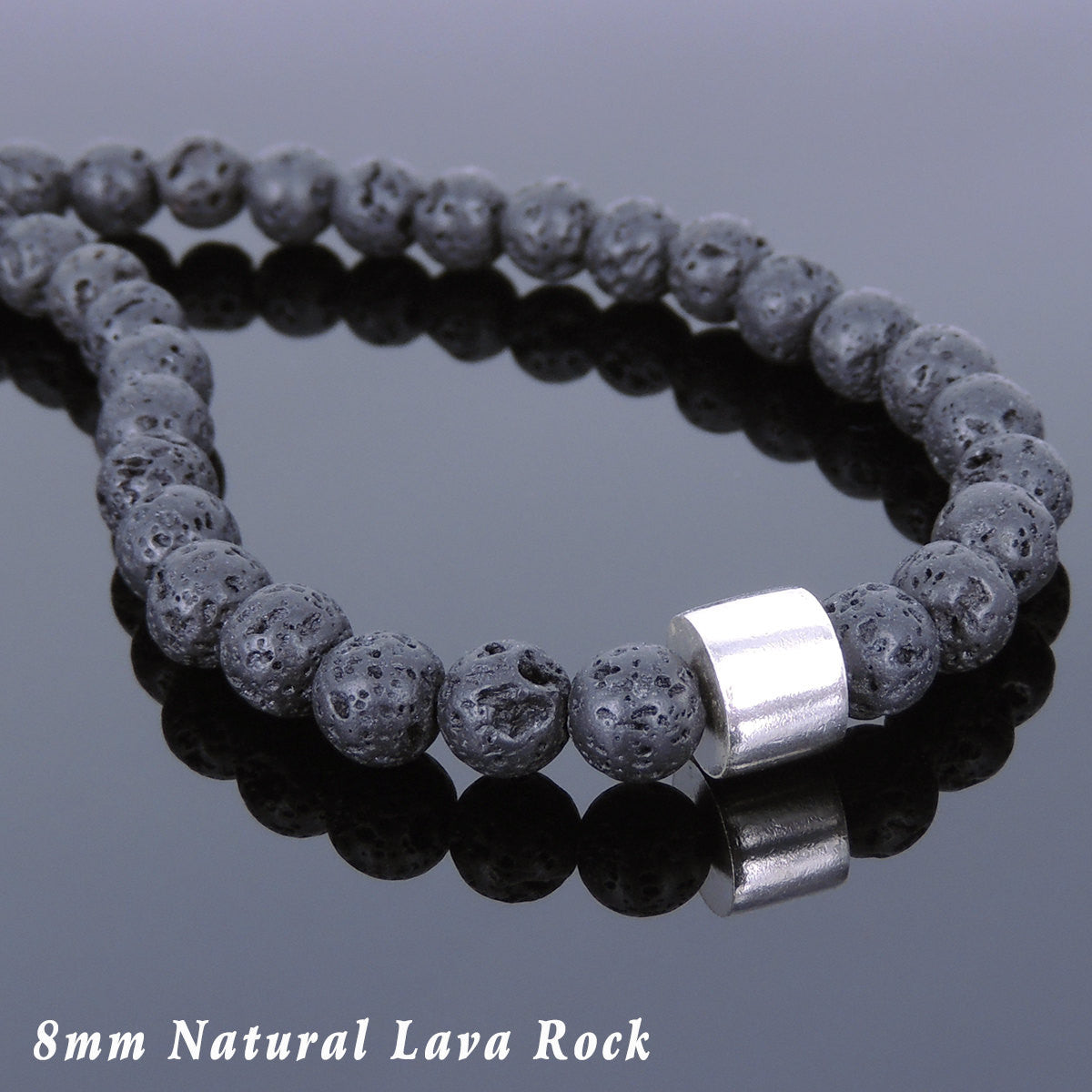 8mm Lava Rock Healing Stone Necklace with S925 Sterling Silver Simple Protection Barrel Bead & S-Hook Clasp - Handmade by Gem & Silver NK111