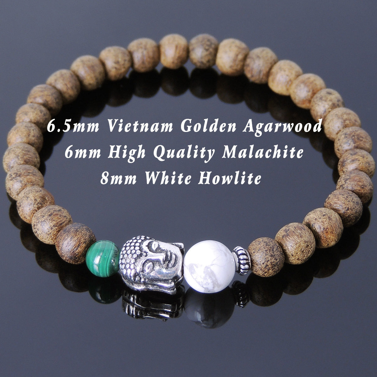 White Howlite, Malachite, & Agarwood Bracelet for Prayer & Meditation with S925 Sterling Silver Spacer & Guanyin Buddha Protection Bead - Handmade by Gem & Silver BR700