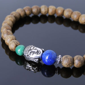 Malachite, Lapis Lazuli, & Agarwood Bracelet for Prayer & Meditation with S925 Sterling Silver Spacer & Guanyin Buddha Protection Bead - Handmade by Gem & Silver BR701