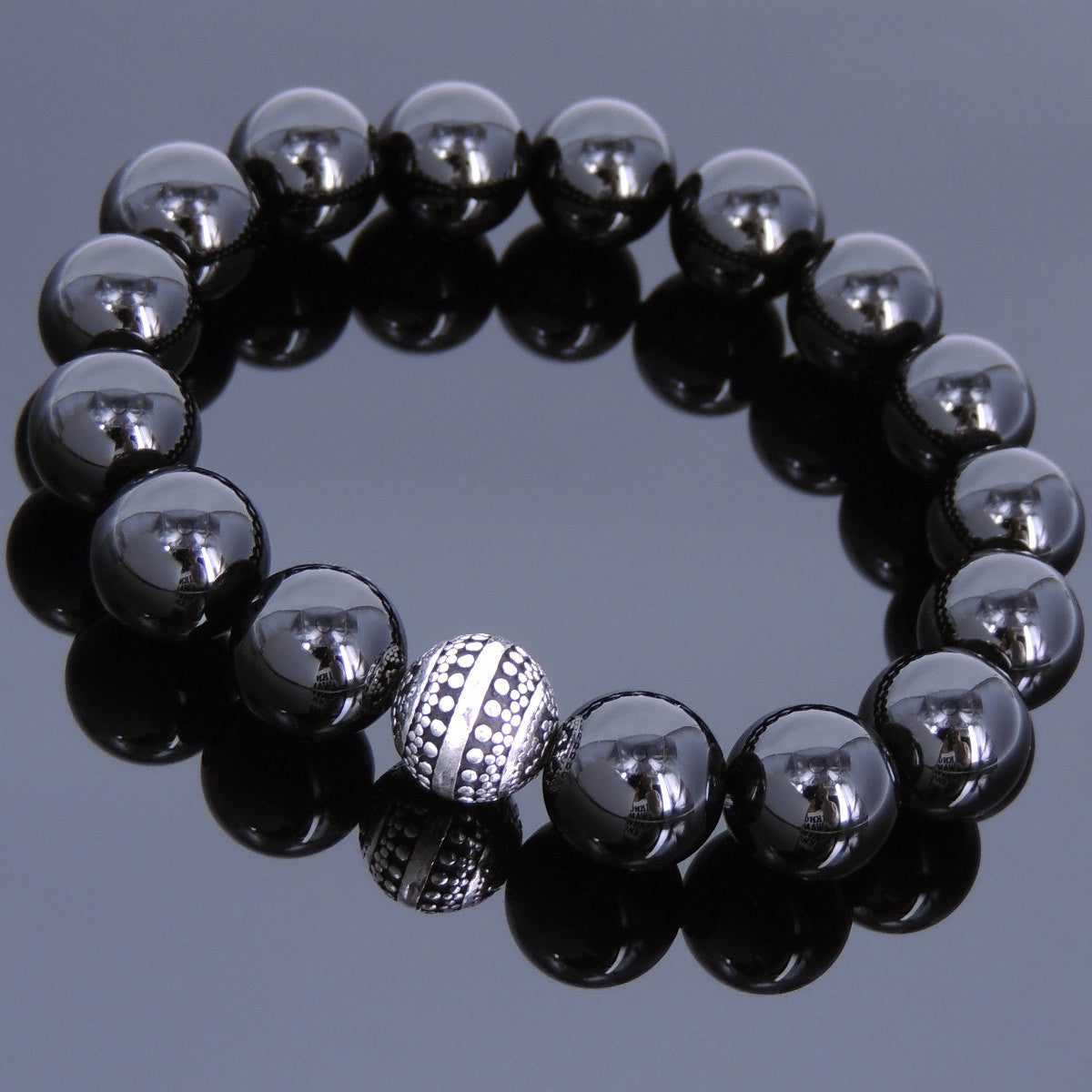 12mm Bright Black Onyx Healing Gemstone Bracelet with S925 Sterling Silver Energy Bead - Handmade by Gem & Silver BR703