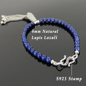 4mm Lapis Lazuli Healing Gemstone Bracelet with S925 Sterling Silver Asian Peacock Pendant & S-Hook Clasp BR704
