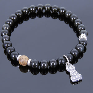 Rainbow Black Obsidian & Golden Agarwood Healing Gemstone Bracelet with S925 Sterling Silver Gaunyin Buddha Pendant & OM Spacer- Handmade by Gem & Silver BR706E