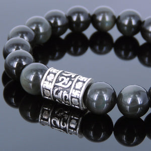 10mm Rainbow Black Obsidian Healing Gemstone Bracelet with S925 Sterling Silver OM Meditation Charm - Handmade by Gem & Silver BR707