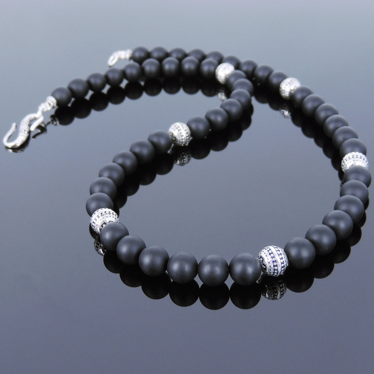 8mm Matte Black Onyx Healing Gemstone Necklace with S925 Sterling Silver Artisan Beads & S- Hook Clasp - Handmade by Gem & Silver NK115