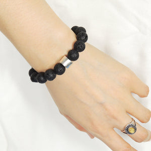 10mm Lava Rock Healing Stone Bracelet with S925 Sterling Silver Simple Wheel Charm - Handmade by Gem & Silver BR709