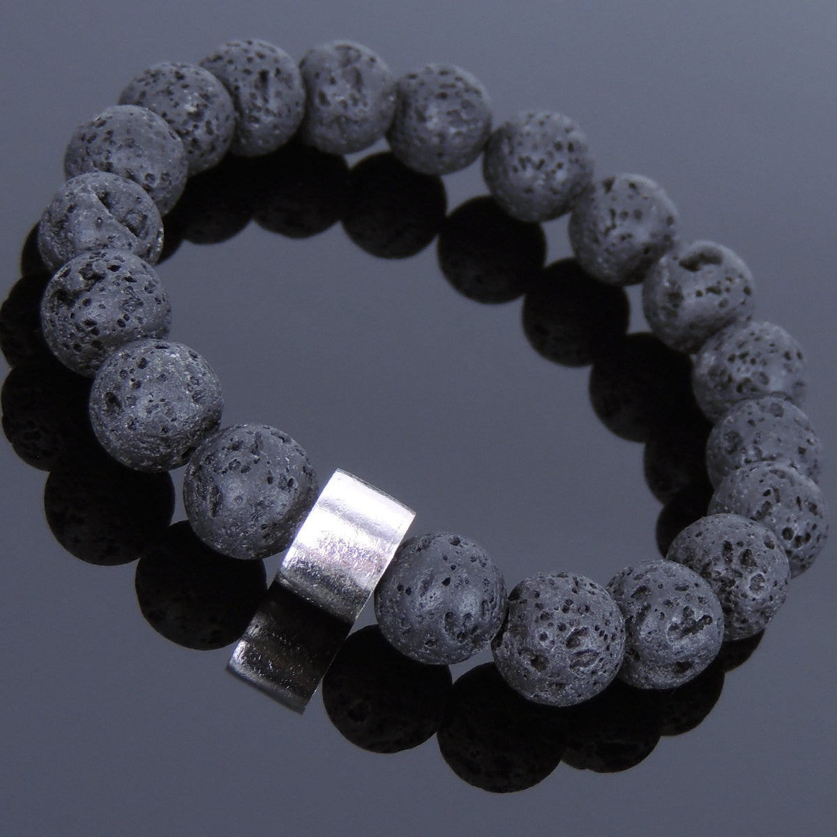 10mm Lava Rock Healing Stone Bracelet with S925 Sterling Silver Simple Wheel Charm - Handmade by Gem & Silver BR709