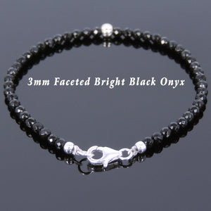 3mm Faceted Bright Black Onyx Healing Gemstone Bracelet with S925 Sterling Silver Seamless Beads & Clasp - Handmade by Gem & Silver BR719