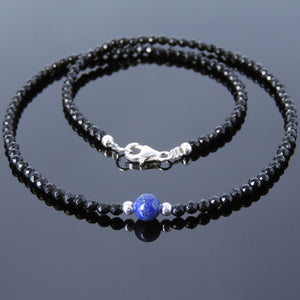 Lapis Lazuli & Faceted Bright Black Onyx Healing Gemstone Necklace with S925 Sterling Silver Spacer Beads & Clasp - Handmade by Gem & Silver NK116