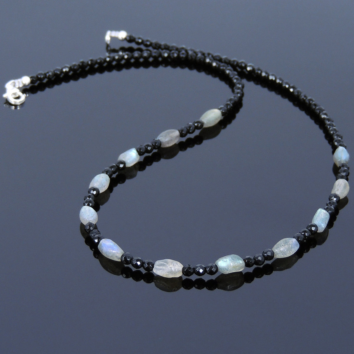 Labradorite & Faceted Black Onyx Healing Gemstone Necklace with S925 Sterling Silver Spacer Beads & Clasp - Handmade by Gem & Silver NK118
