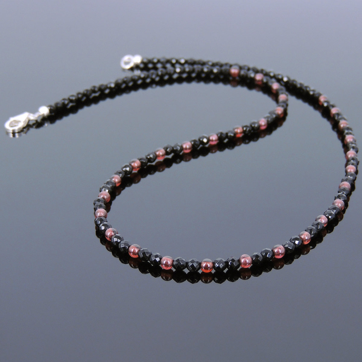 Grade AAAA Natural Garnet & Faceted Black Onyx Healing Gemstone Necklace with S925 Sterling Silver Spacer Beads & Clasp - Handmade by Gem & Silver NK119