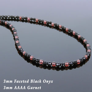 Grade AAAA Natural Garnet & Faceted Black Onyx Healing Gemstone Necklace with S925 Sterling Silver Spacer Beads & Clasp - Handmade by Gem & Silver NK119