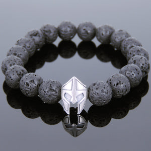 10mm Lava Rock Healing Stone Bracelet with S925 Sterling Silver Warrior Mask Protection Bead - Handmade by Gem & Silver BR727