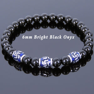 6mm Bright Black Onyx Healing Gemstone Bracelet with S925 Sterling Silver Hand-painted Buddhism Barrel Beads - Handmade by Gem & Silver BR729