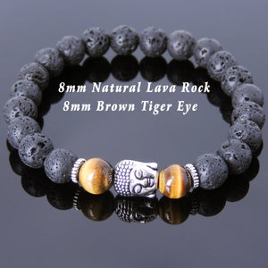 Brown Tiger Eye & Lava Rock Healing Gemstone Bracelet with Tibetan Silver Sakyamuni Buddha & Spacers - Handmade by Gem & Silver TSB151