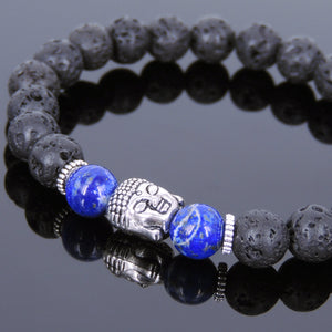 Lapis Lazuli & Lava Rock Healing Gemstone Bracelet with Tibetan Silver Sakyamuni Buddha & Spacers - Handmade by Gem & Silver TSB150