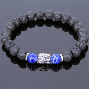 Lapis Lazuli & Lava Rock Healing Gemstone Bracelet with Tibetan Silver Sakyamuni Buddha & Spacers - Handmade by Gem & Silver TSB150