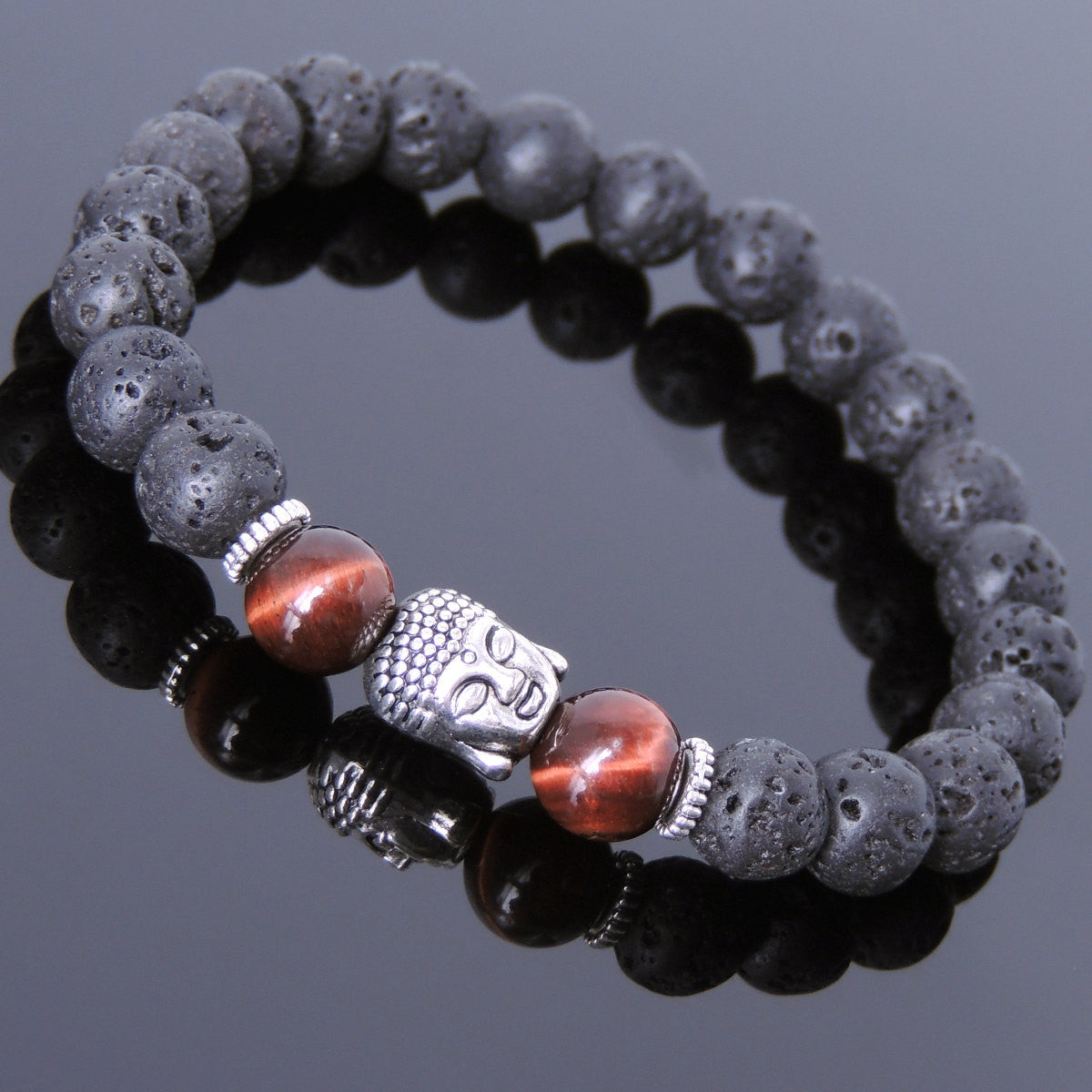 Red Tiger Eye & Lava Rock Healing Gemstone Bracelet with Tibetan Silver Sakyamuni Buddha & Spacers - Handmade by Gem & Silver TSB152