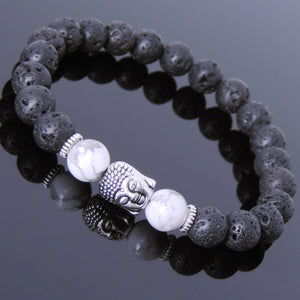 White Howlite & Lava Rock Healing Gemstone Bracelet with Tibetan Silver Sakyamuni Buddha & Spacers - Handmade by Gem & Silver TSB154