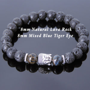 Rare Mixed Blue Tiger Eye & Lava Rock Healing Gemstone Bracelet with Tibetan Silver Sakyamuni Buddha & Spacers - Handmade by Gem & Silver TSB156