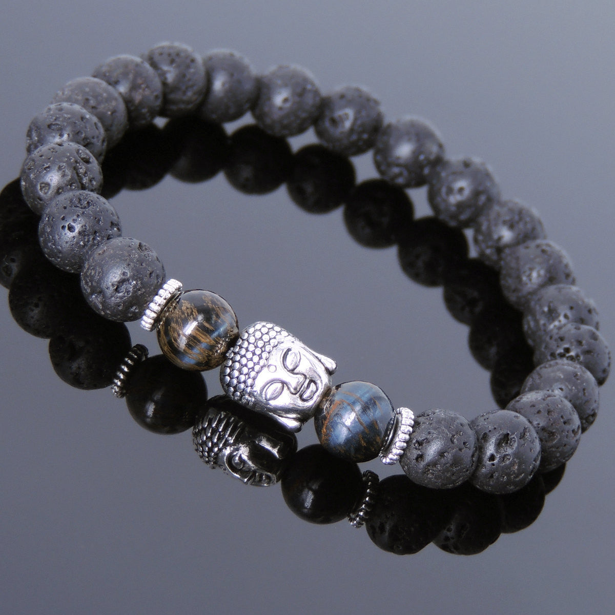 Rare Mixed Blue Tiger Eye & Lava Rock Healing Gemstone Bracelet with Tibetan Silver Sakyamuni Buddha & Spacers - Handmade by Gem & Silver TSB156