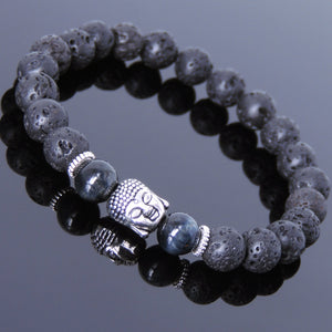 Blue Tiger Eye & Lava Rock Healing Gemstone Bracelet with Tibetan Silver Sakyamuni Buddha & Spacers - Handmade by Gem & Silver TSB157