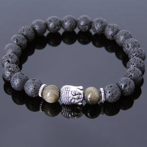 Golden Obsidian & Lava Rock Healing Gemstone Bracelet with Tibetan Silver Sakyamuni Buddha & Spacers - Handmade by Gem & Silver TSB161