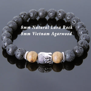 8mm Agarwood & Lava Rock Healing Stone Bracelet with Tibetan Silver Sakyamuni Buddha & Spacers - Handmade by Gem & Silver TSB163