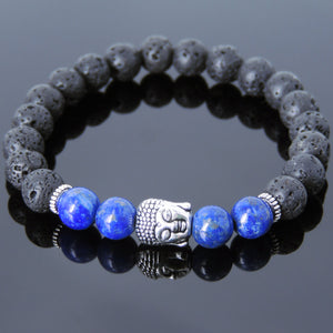 8mm Lapis Lazuli & Lava Rock Healing Stone Bracelet with Tibetan Silver Sakyamuni Buddha & Spacers - Handmade by Gem & Silver TSB167