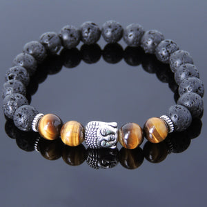 Brown Tiger Eye & Lava Rock Healing Gemstone Bracelet with Tibetan Silver Sakyamuni Buddha & Spacers - Handmade by Gem & Silver TSB168