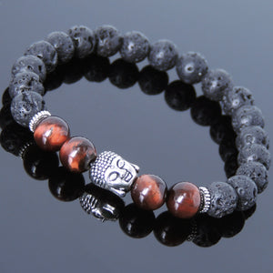 Red Tiger Eye & Lava Rock Healing Gemstone Bracelet with Tibetan Silver Sakyamuni Buddha & Spacers - Handmade by Gem & Silver TSB169