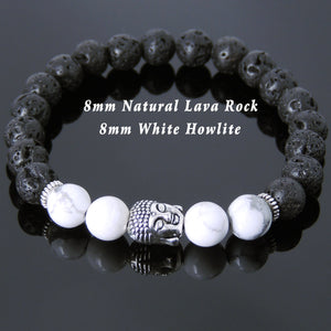White Howlite & Lava Rock Healing Gemstone Bracelet with Tibetan Silver Sakyamuni Buddha & Spacers - Handmade by Gem & Silver TSB171