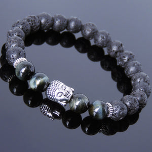 Brown Blue Tiger Eye & Lava Rock Healing Gemstone Bracelet with Tibetan Silver Sakyamuni Buddha & Spacers - Handmade by Gem & Silver TSB172