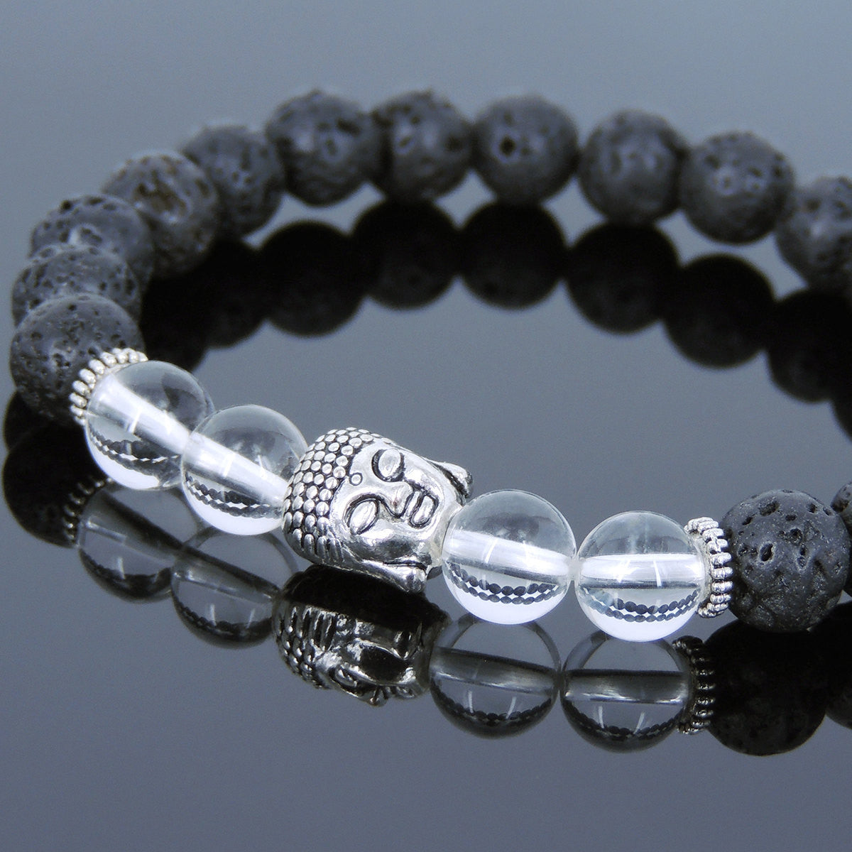 White Crystal Quartz & Lava Rock Healing Gemstone Bracelet with Tibetan Silver Sakyamuni Buddha & Spacers - Handmade by Gem & Silver TSB176