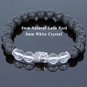 White Crystal Quartz & Lava Rock Healing Gemstone Bracelet with Tibetan Silver Sakyamuni Buddha & Spacers - Handmade by Gem & Silver TSB176