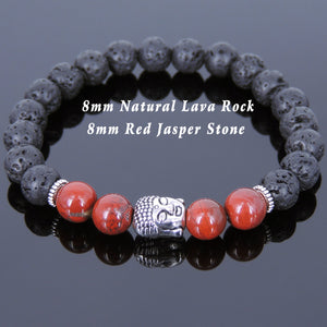 Red Jasper & Lava Rock Healing Gemstone Bracelet with Tibetan Silver Sakyamuni Buddha & Spacers - Handmade by Gem & Silver TSB177