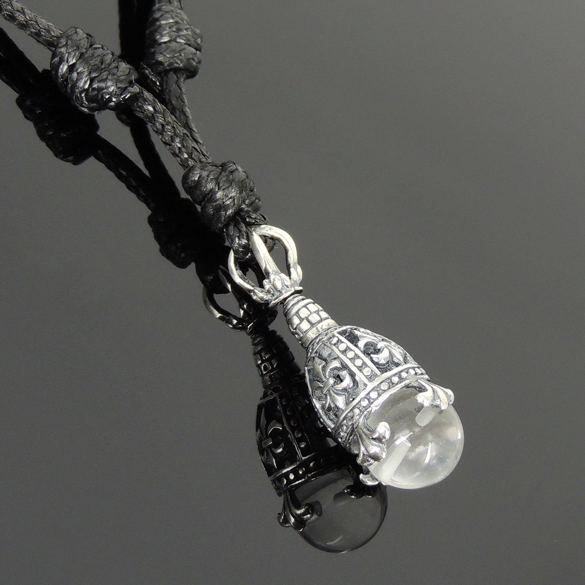 Clear Quartz Crystal Orb Adjustable Wax Rope Necklace with S925 Sterling Silver Fleur de Lis Pendant for Positive Healing Energy - Handmade by Gem & Silver NK125