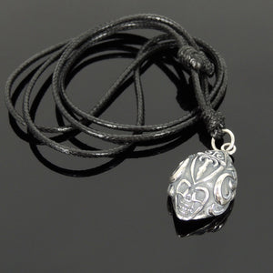 Adjustable Wax Rope Necklace with S925 Sterling Silver Shell Skull Pendant for Positive Healing Energy - Handmade by Gem & Silver NK126