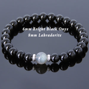 Labradorite & Bright Black Onyx Healing Gemstone Bracelet with S925 Sterling Silver Spacers - Handmade by Gem & Silver BR733