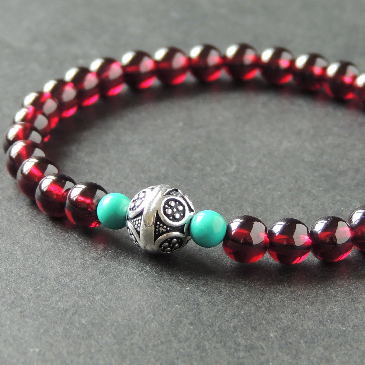 Enhanced Turquoise & Grade AAA Garnet Healing Gemstone Bracelet with S925 Sterling Silver Vintage Protection Bead - Handmade by Gem & Silver BR010