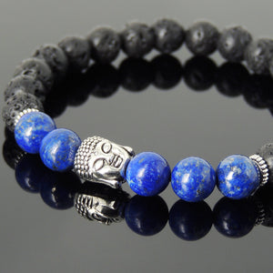 Lapis Lazuli & Lava Rock Healing Gemstone Bracelet with Tibetan Silver Sakyamuni Buddha & Spacers - Handmade by Gem & Silver TSB181