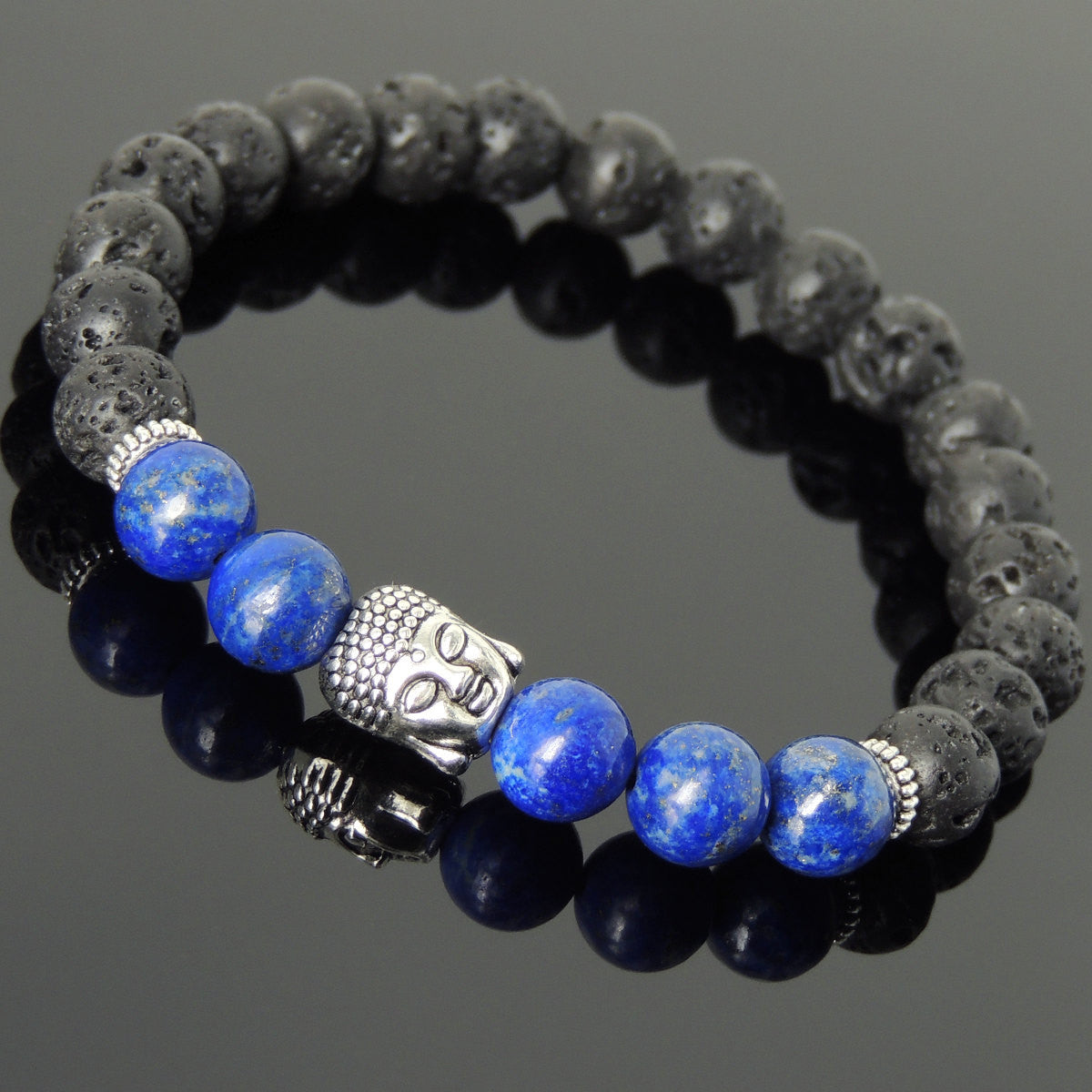 Lapis Lazuli & Lava Rock Healing Gemstone Bracelet with Tibetan Silver Sakyamuni Buddha & Spacers - Handmade by Gem & Silver TSB181
