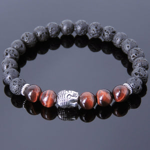 Red Tiger Eye & Lava Rock Healing Gemstone Bracelet with Tibetan Silver Sakyamuni Buddha & Spacers - Handmade by Gem & Silver TSB183