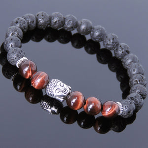 Red Tiger Eye & Lava Rock Healing Gemstone Bracelet with Tibetan Silver Sakyamuni Buddha & Spacers - Handmade by Gem & Silver TSB183