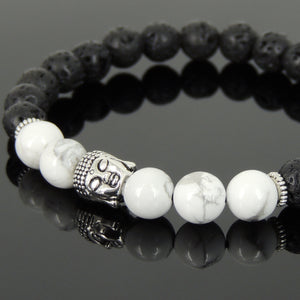 White Howlite & Lava Rock Healing Gemstone Bracelet with Tibetan Silver Sakyamuni Buddha & Spacers - Handmade by Gem & Silver TSB185
