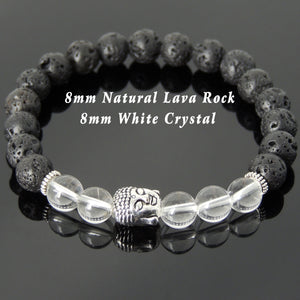White Crystal Quartz & Lava Rock Healing Gemstone Bracelet with Tibetan Silver Sakyamuni Buddha & Spacers - Handmade by Gem & Silver TSB190