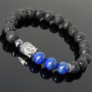 Lapis Lazuli Lava Rock & Hematite Healing Gemstone Bracelet with Tibetan Silver Sakyamuni Buddha & Spacers - Handmade by Gem & Silver TSB199