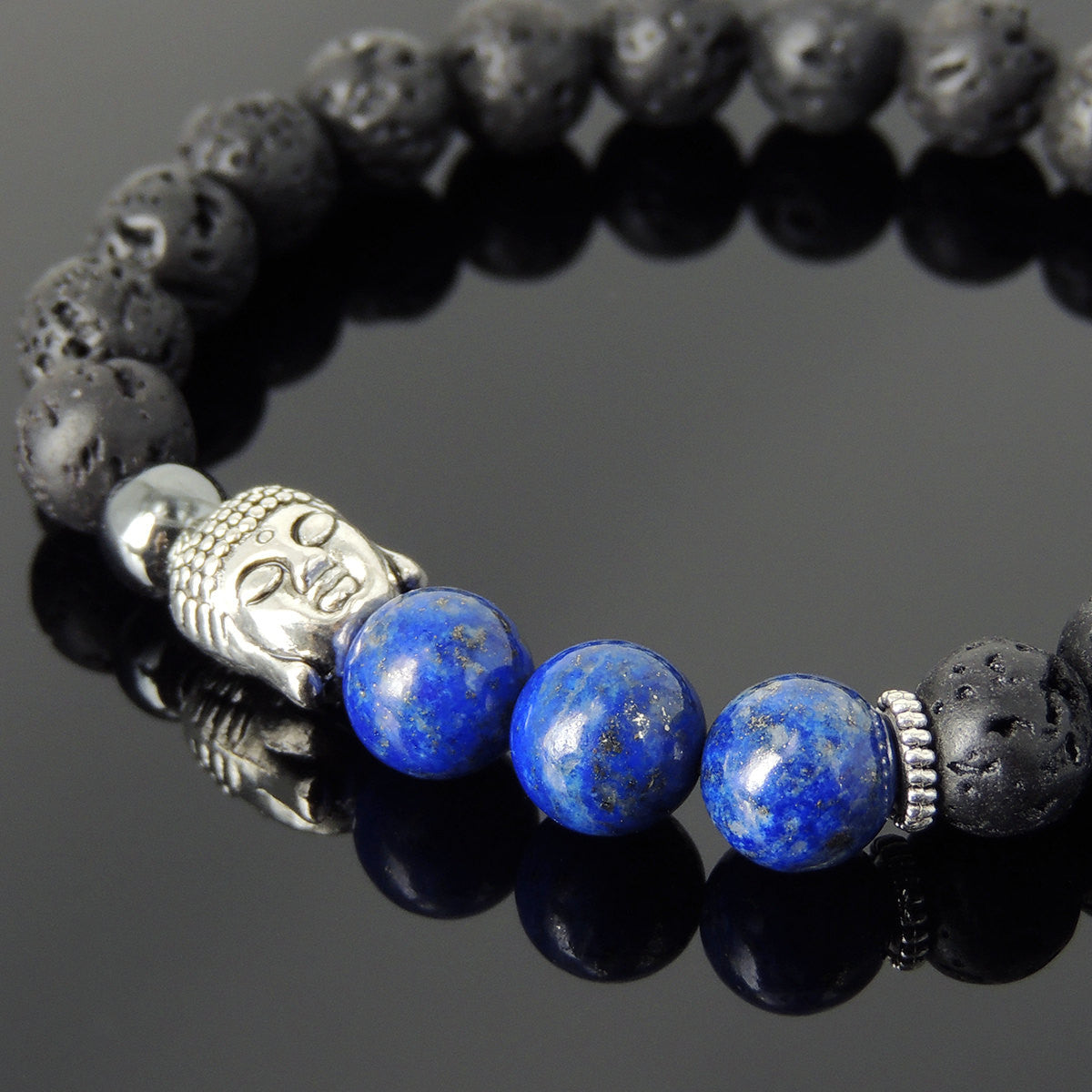 Lapis Lazuli Lava Rock & Hematite Healing Gemstone Bracelet with Tibetan Silver Sakyamuni Buddha & Spacers - Handmade by Gem & Silver TSB199