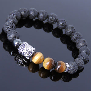 Brown Tiger Eye, Lava Rock & Hematite Healing Gemstone Bracelet with Tibetan Silver Sakyamuni Buddha & Spacers - Handmade by Gem & Silver TSB200